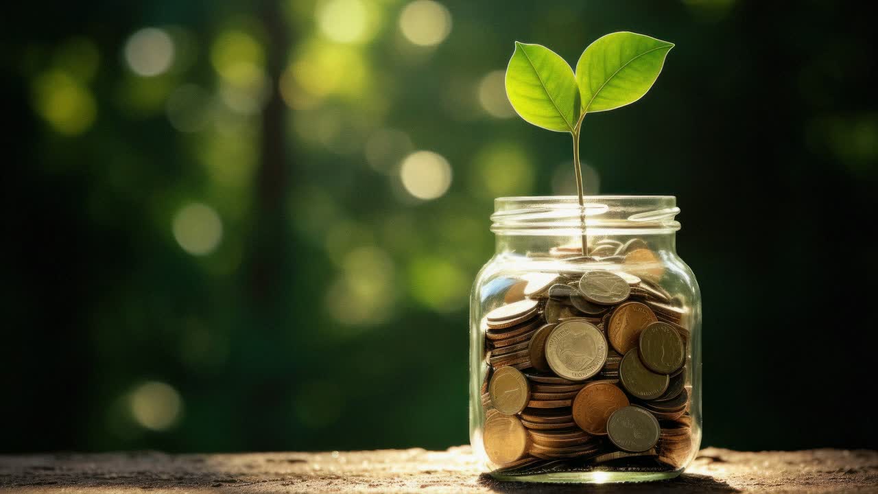 Close-up video still of a jar filled with coins and a sprouting plant, symbolizing growth