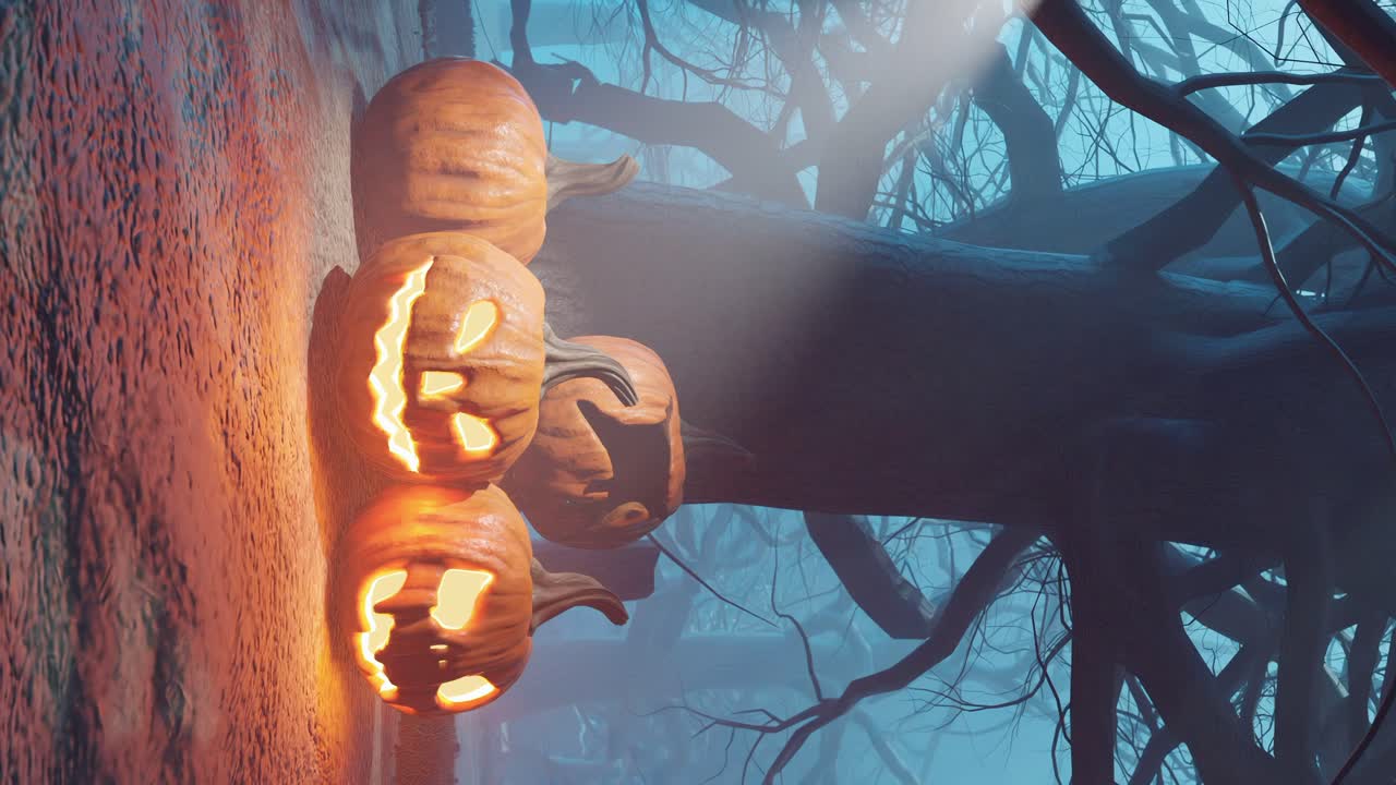 Illustrazione verticale di zucche di Halloween intagliate e luminose in una foresta oscura e spaventosa