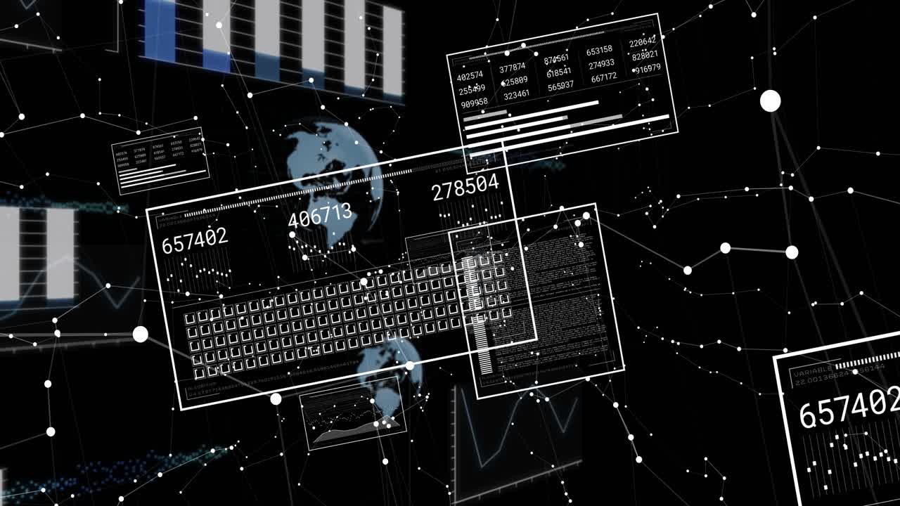 On data pulse UI panels sliding and rotating; numbers updating, nodes pulsing, showing data flow
