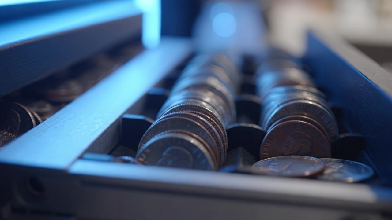 A detailed view of stacks of coins in a cash drawer, showcasing the organized arrangement and shiny surfaces reflecting light, emphasizing their metallic appeal.