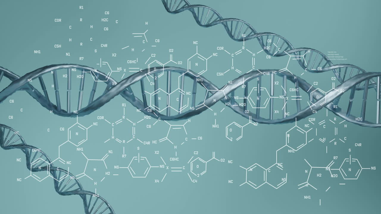 Animazione di elaborazione dati scientifici su filamenti di DNA in rotazione