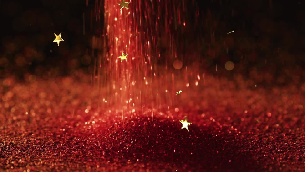 Red glitter cascade falling from above lifting golden stars outward building central mound