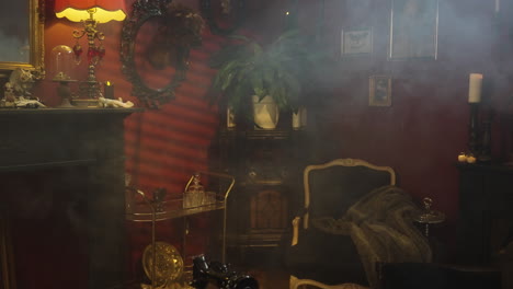 smoke-filled antique-styled room with classic furnitures, eerie ambiance and dim lighting. - wide shot