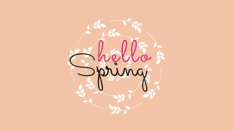 hello spring greeting card elegant cursive letters on pink background with vibrant leaves and vines