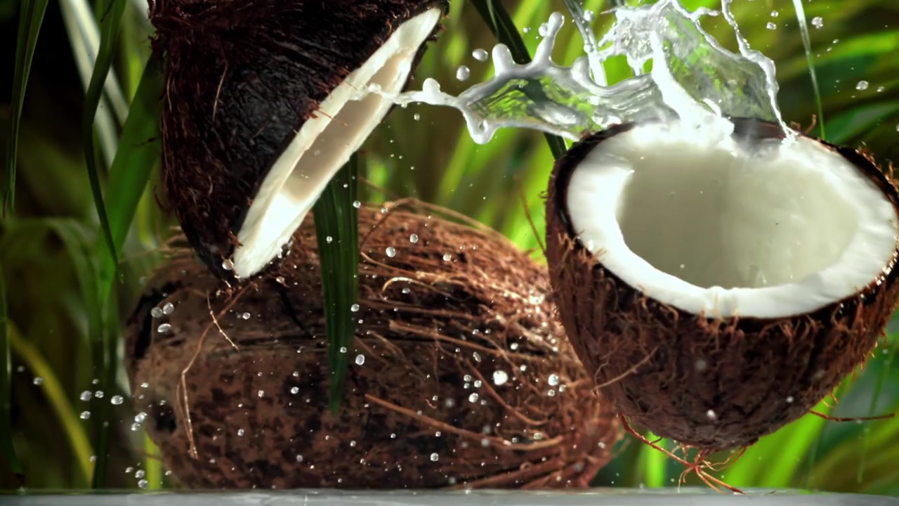 Fresh Coconut Breaking in Slow Motion with Splashing Water