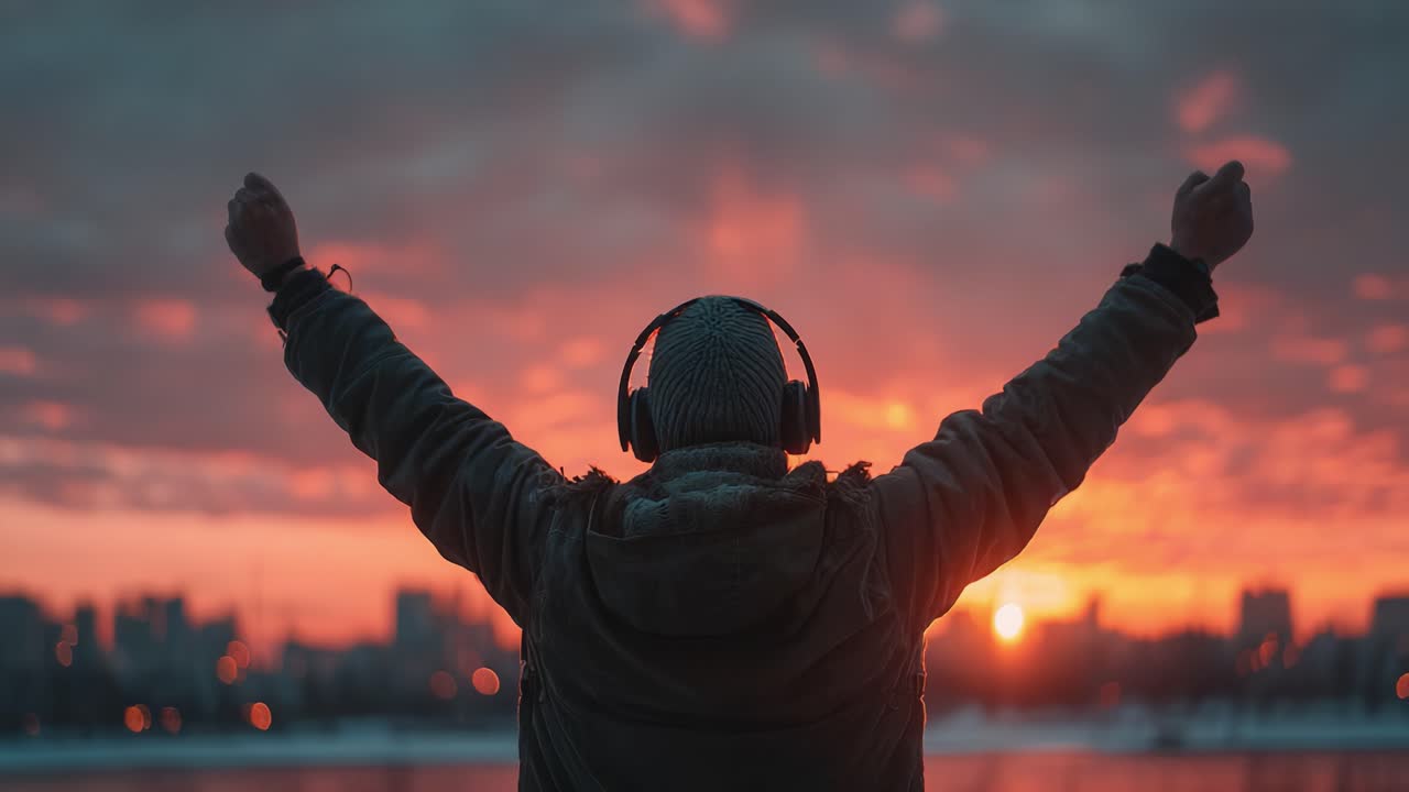 A person joyfully embraces the breathtaking sunset while wearing headphones, capturing a moment of pure bliss and connection to music and nature