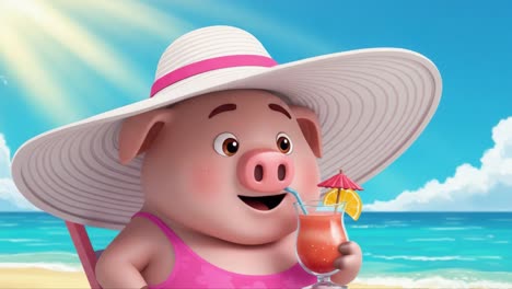 a charming cartoon piglet in a stylish hat enjoying a refreshing drink on a bright beach day, embracing the joy of summer with relaxation and fun