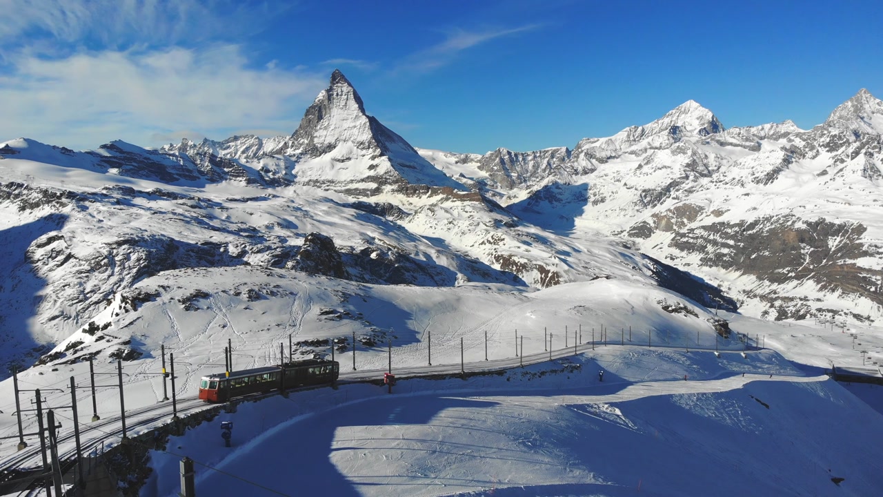 Matterhorn mountain Gornergrat Railway in Switzerland winter snow covered landscape