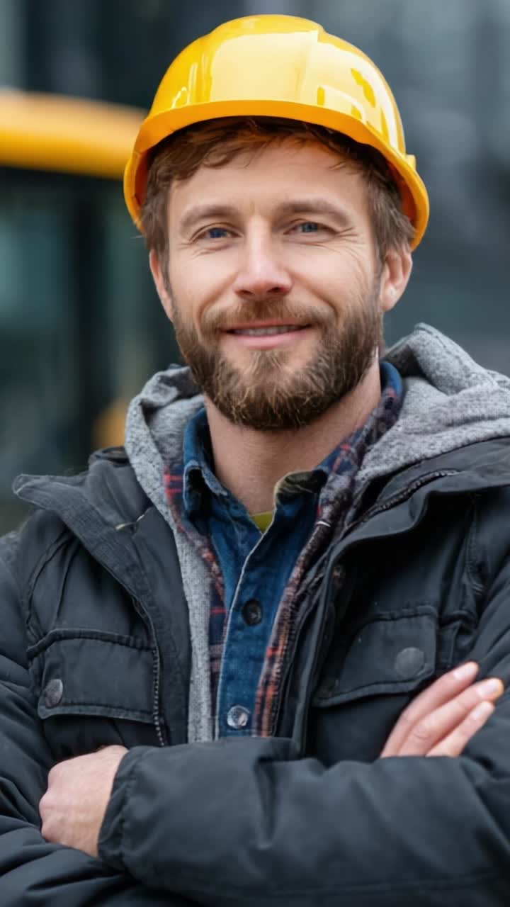 A confident construction worker wearing a yellow hard hat, smiling and crossing his arms, stands in front of a construction site, showcasing professionalism and readiness for tasks ahead