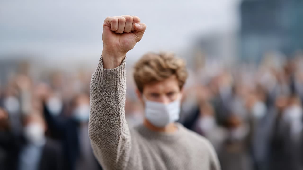 A determined individual raises their fist in solidarity among a crowd, symbolizing unity and resilience in the face of challenges and advocating for change amid uncertainty
