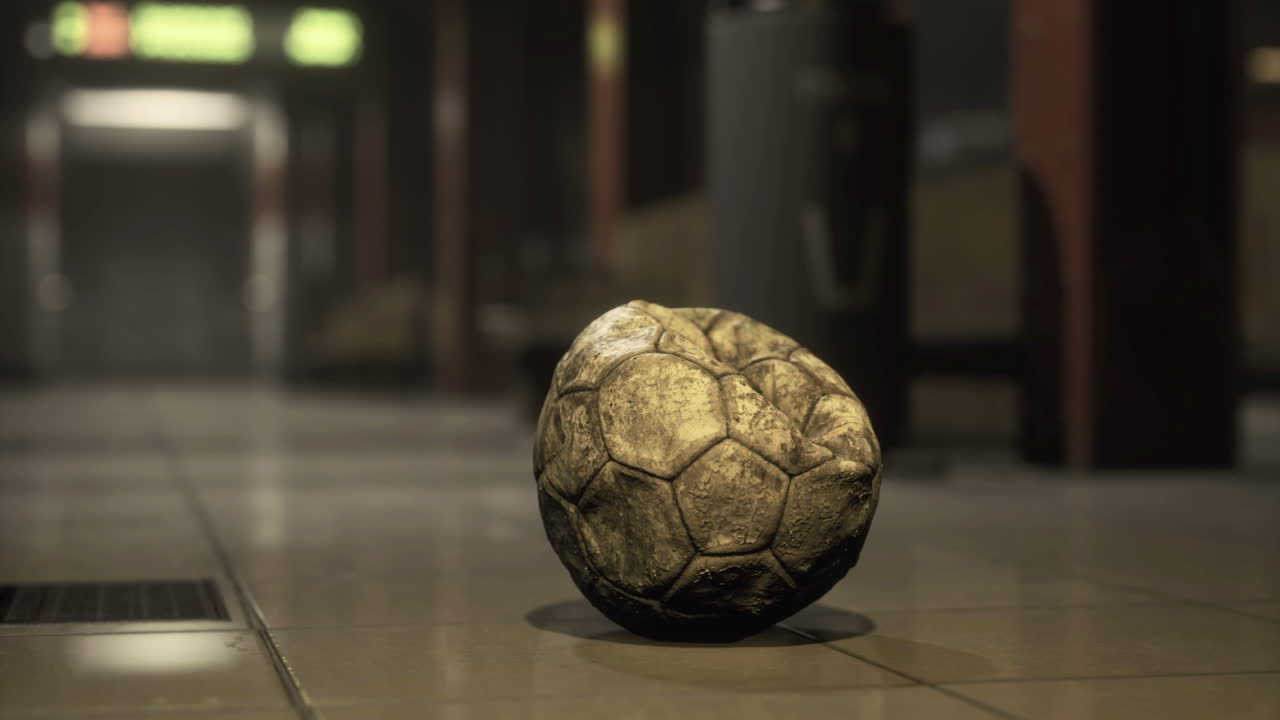 Unattended soccer ball on an empty subway station floor at night