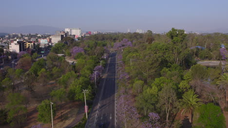 Vista-Aérea-De-Pájaros-Sobrevuela-A-Motociclistas-Y-Conductores-De-Automóviles-En-Los-Suburbios-De-La-Ciudad-Del-Distrito-De-Chapultepec