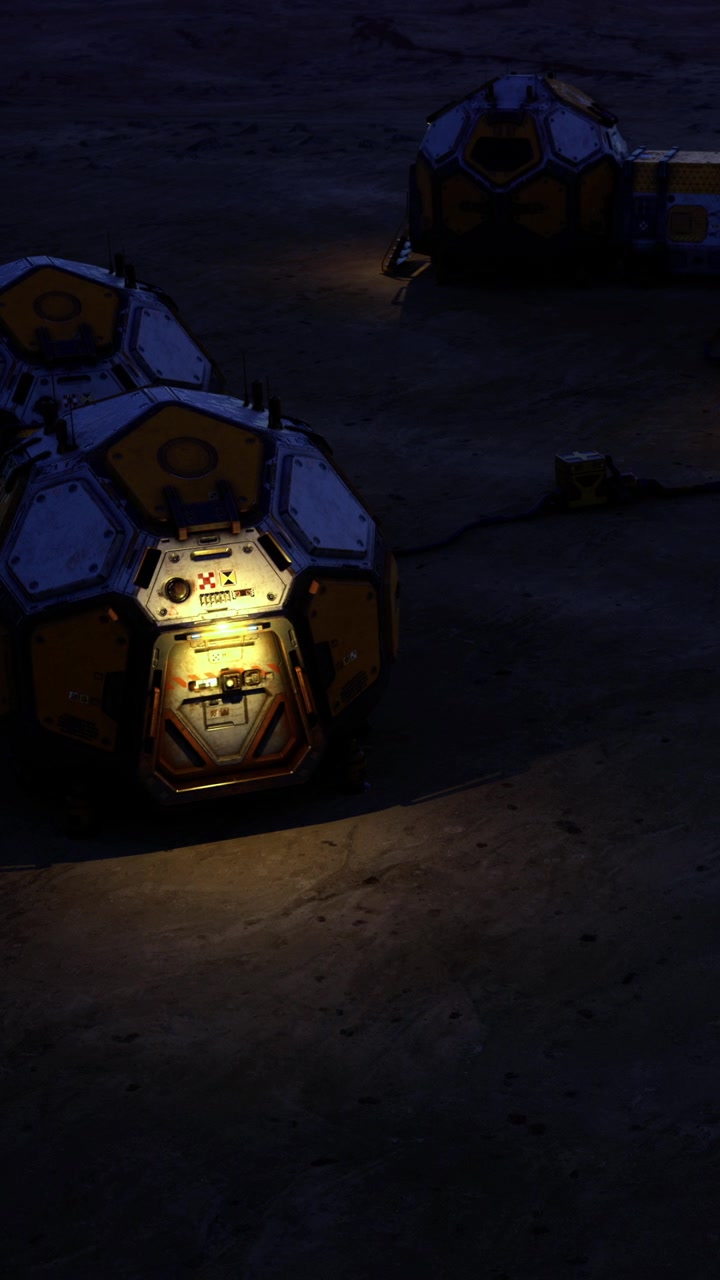 Esplorando la capsula illuminata su un paesaggio distante durante le ore del crepuscolo