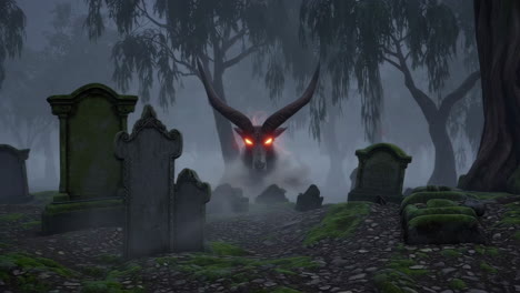 foggy graveyard with mysterious creature