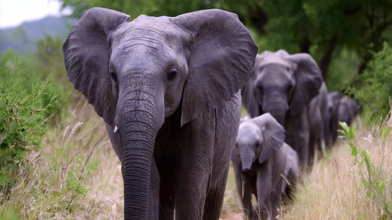 A Majestic Family of Elephants Marching Through the Lush Savannah, Emphasizing the Bond Between Mothers and Calves in Their Natural Habitat Amidst Vibrant Greenery and Sunlit Trails