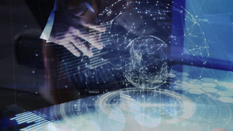 animation of data processing and globe over caucasian businessman
