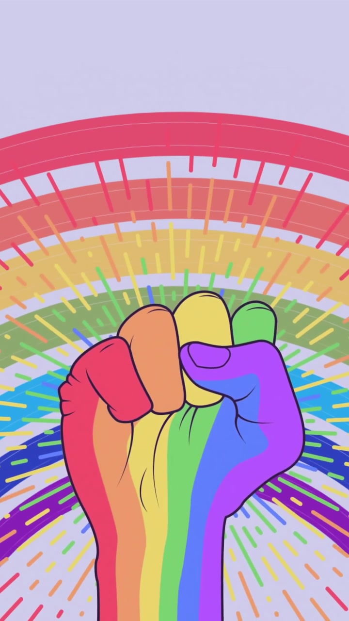 Rainbow-colored fist with radiating lines and arcs, pride celebration animation