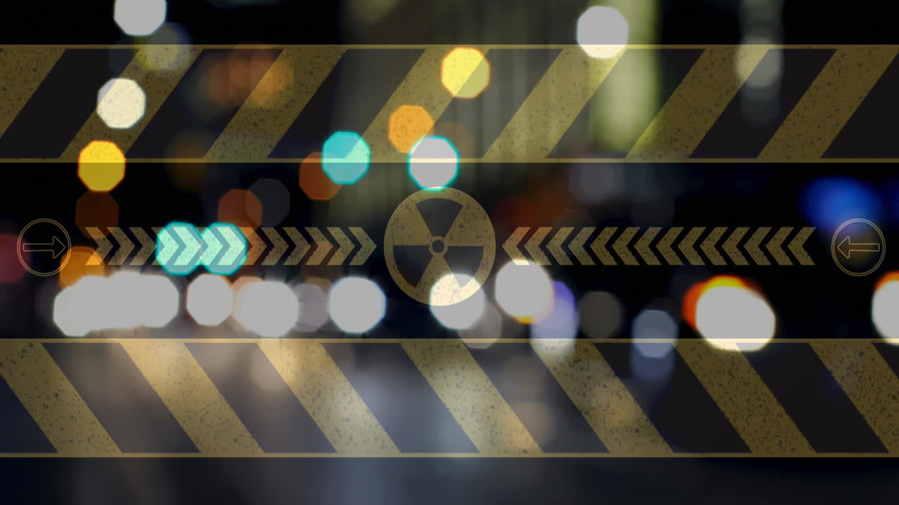 도시 풍경 위의 핵 기호의 애니메이션