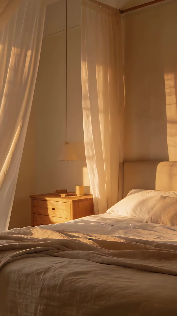 Video verticale: Tenda sollevata dalla brezza che rivela un letto disfatto a casa, con il sole che proietta ombre calde.