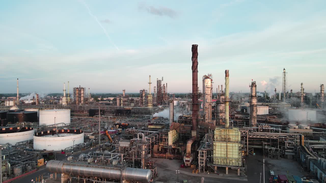 instalación de refinería de petróleo con muchas chimeneas, vista aérea de drones