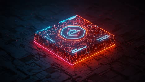 a vibrant circuit board displaying advanced technology amidst a dark background, featuring luminescent patterns and intricate designs capturing the essence of modern electronics