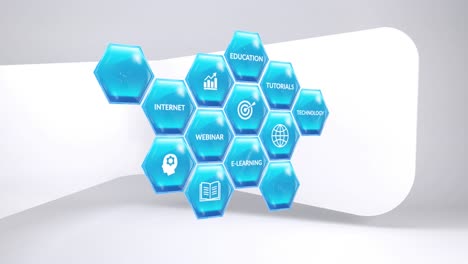 Animation-of-blue-hexagons-with-icons-and-texts-on-white-background