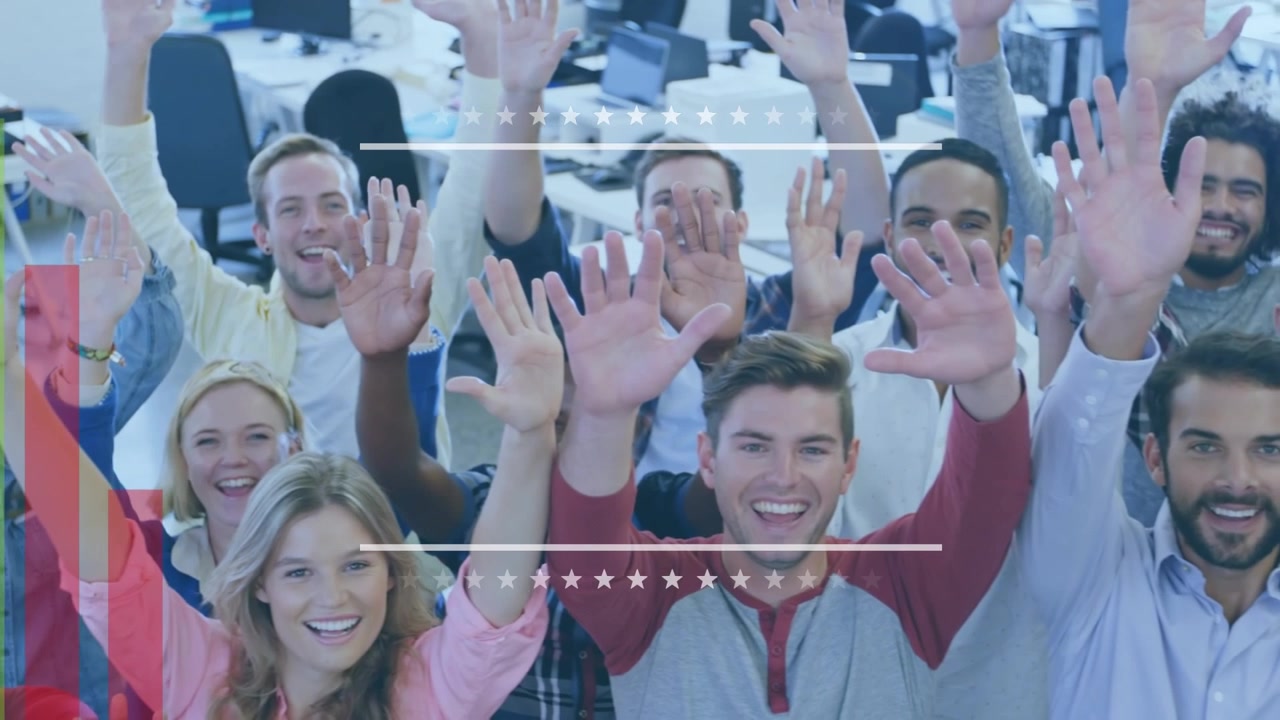 Diverse Business Team Waving with Animated Financial Graph Overlay