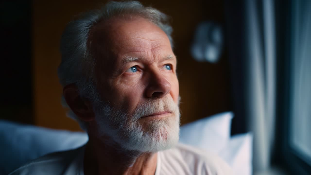 Contemplative Senior Man Gazes Out a Window, Reflecting on Life's Memories and Experiences, Evoking Emotions of Wisdom and Serenity in Soft Natural Light