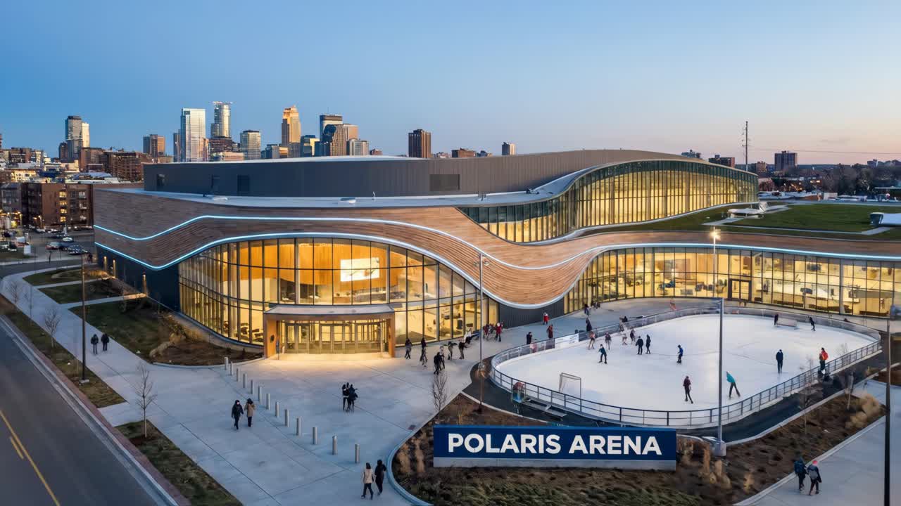 Vista aerea della Polaris Arena con pista di pattinaggio su ghiaccio all'aperto e skyline della città