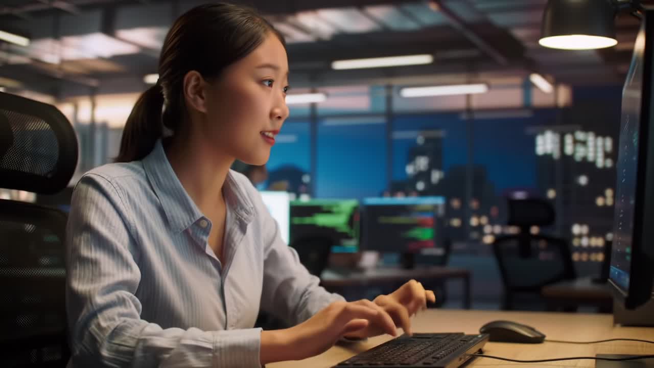 Focused Professional Working Late in Modern Office, Engaged in Coding and Analysis on Computer Screen While Surrounded by Digital Displays and Tech Equipment
