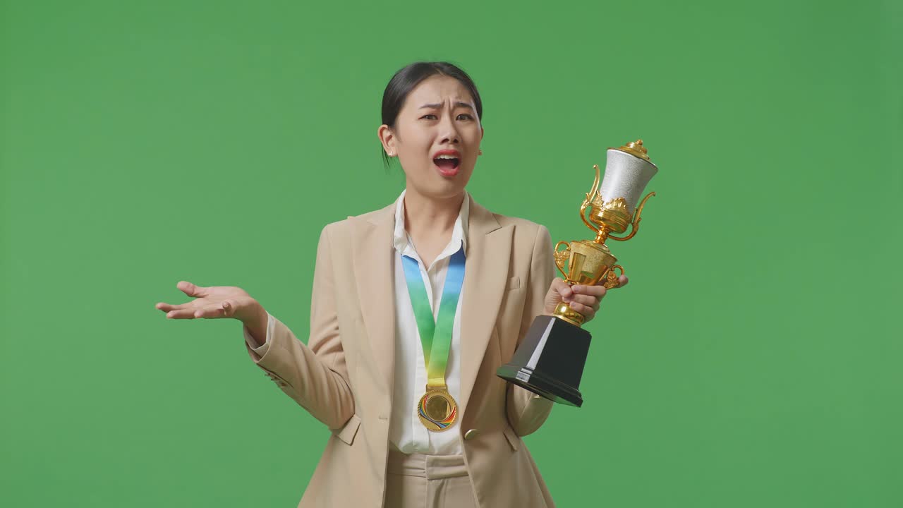 preguntándose mujer de negocios asiática en un traje con una medalla de oro mirando el trofeo dudosamente en el fondo de la pantalla verde en el estudio