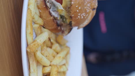 close-up of a burger and french fries
