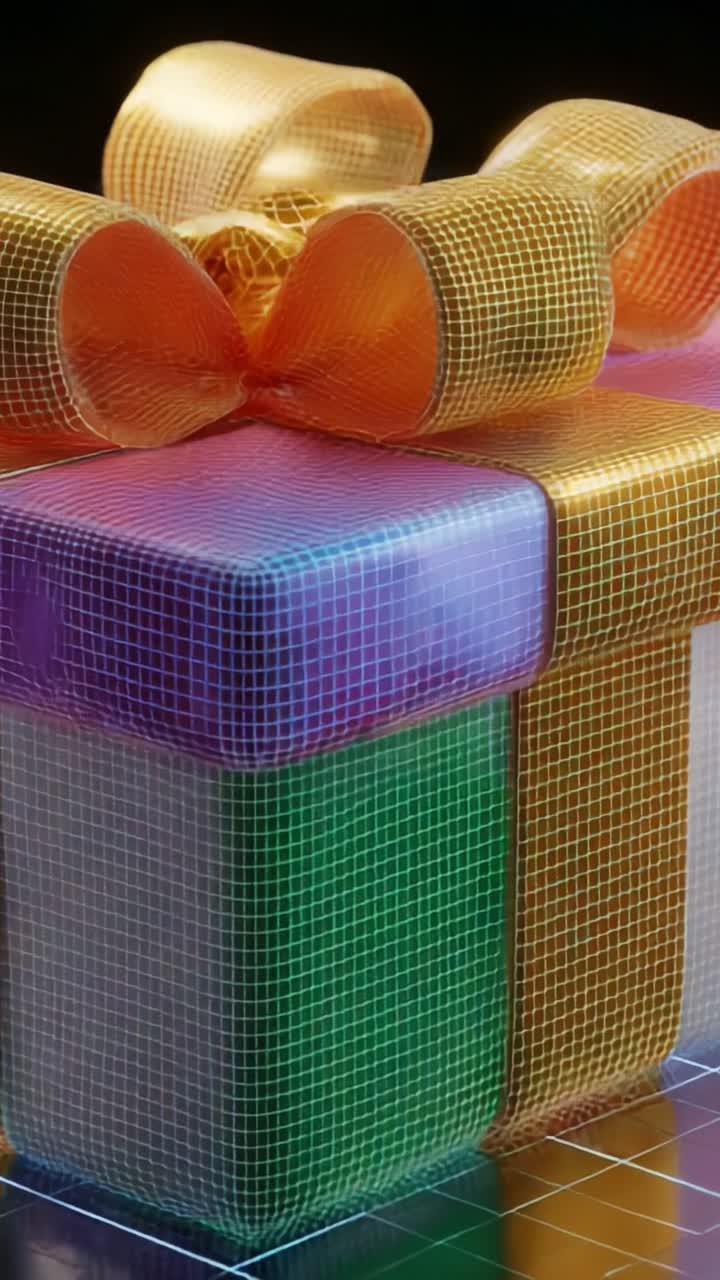 A Vibrant and Colorful Gift Box Wrapped in Mesh, Featuring a Bright Orange Ribbon and a Playful Array of Colors, Perfect for Celebrating Birthdays or Special Occasions with Joy and Surprise