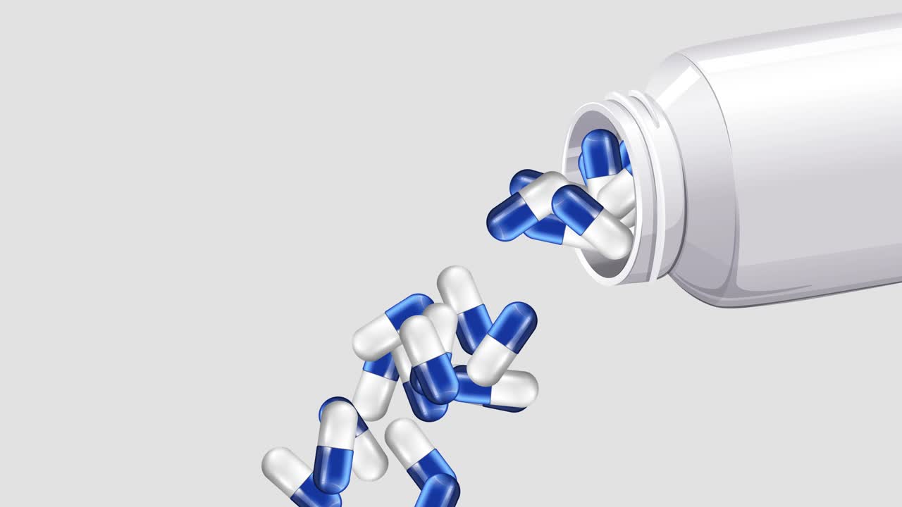 cápsulas azules que se vierte de una botella blanca