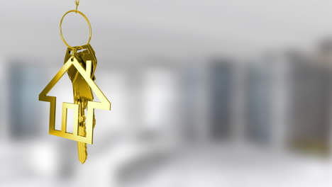 animating golden house-shaped keychain over blurred modern interior background