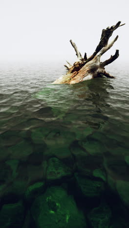 a dead tree in a foggy lake