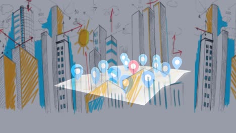 animation of map with location pins over cityscape