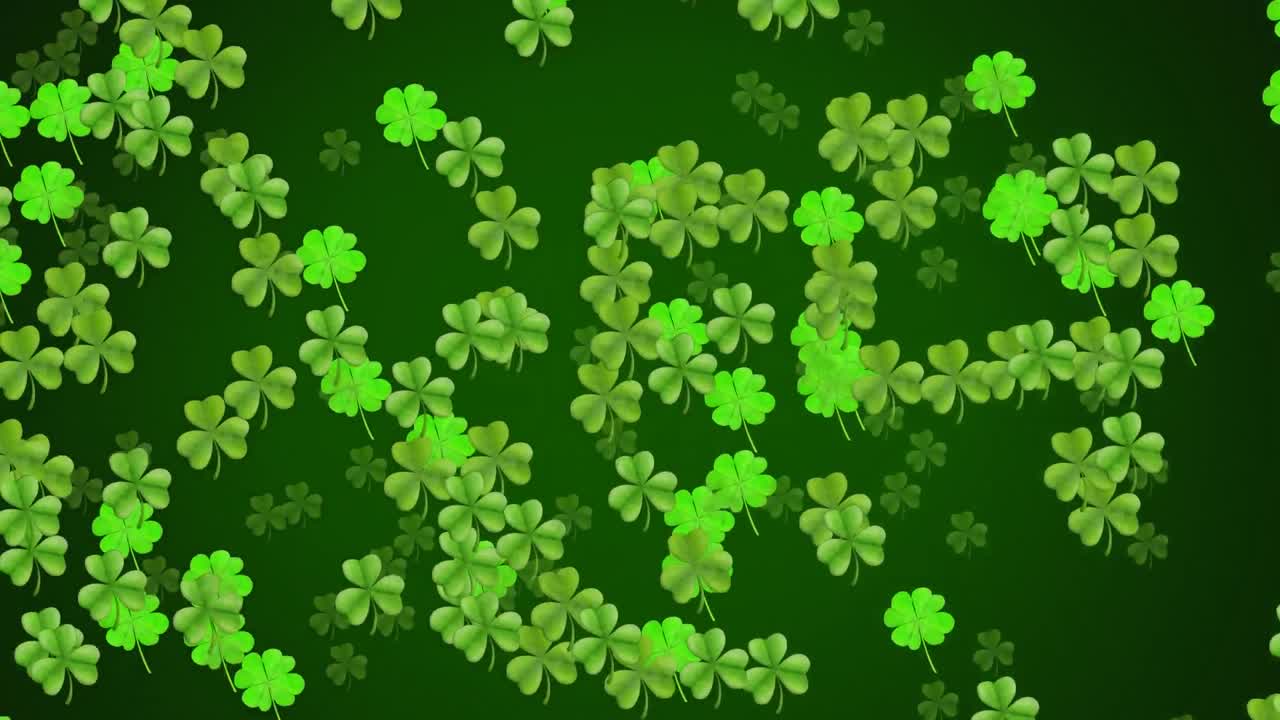 Animation of green clovers moving on green background for St. Patricks