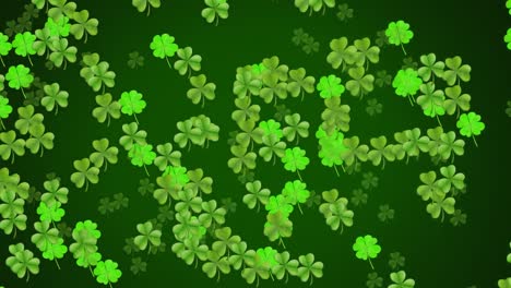 Animation-of-green-clovers-moving-on-green-background-for-St.-Patricks