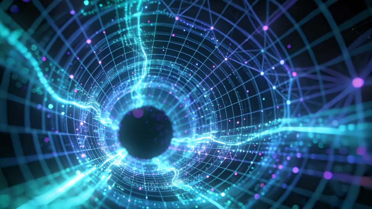Intensifying tendrils and nodes converging in wireframe tunnel into dark core, forming pulse