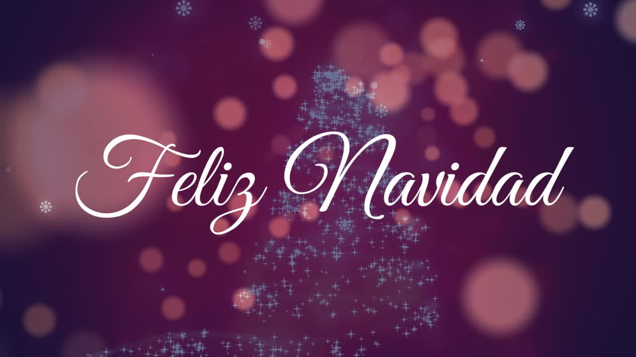animación de saludos de navidad texto sobre el árbol de navidad con nieve cayendo