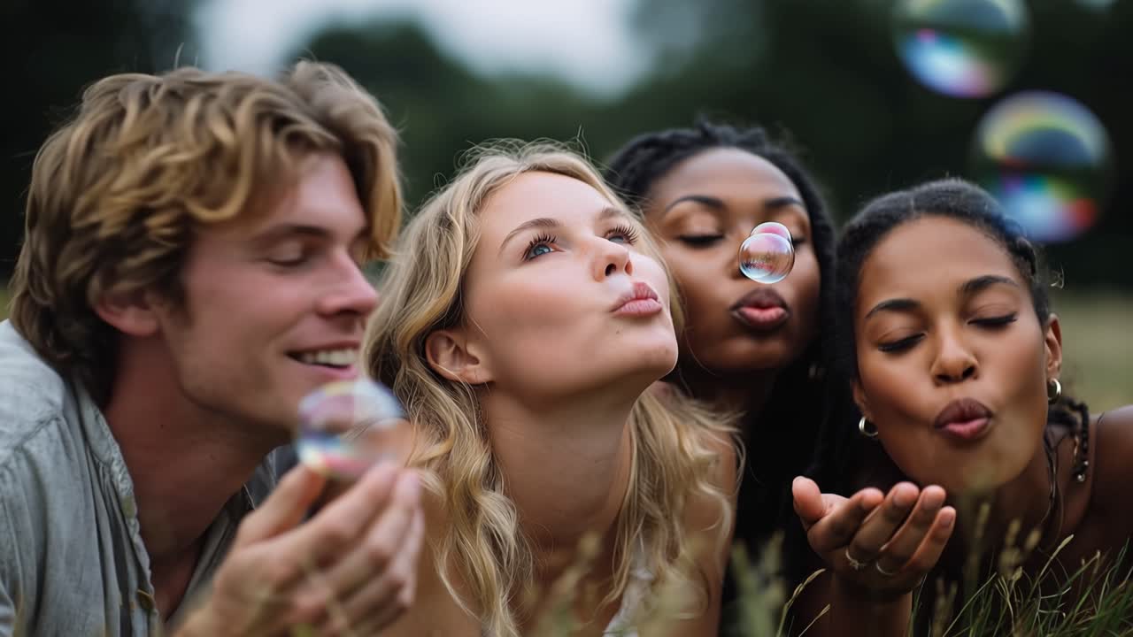Giovani amici ridono, facendo bolle di sapone all'aperto. Le loro espressioni gioiose brillano di una gioia spensierata. Una luce naturale soffusa illumina i loro volti sorridenti. Ideale per la gioventù, l'amicizia.