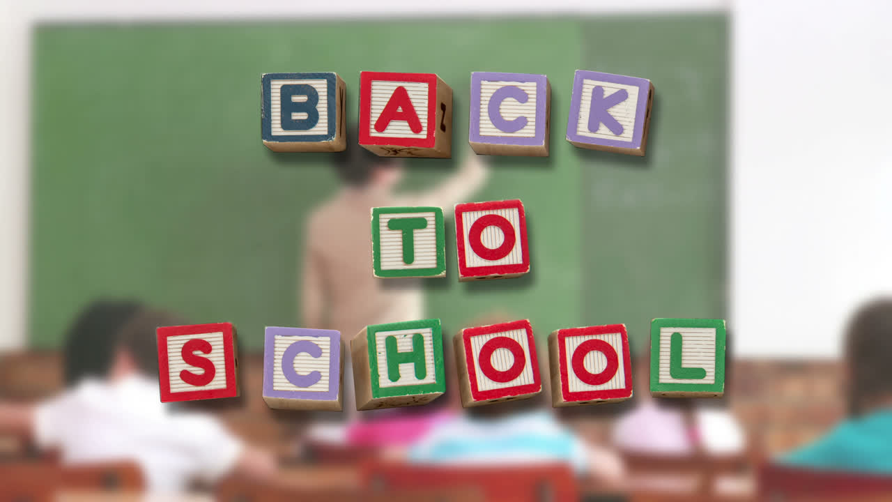 Back to school message surrounded by icons with teacher teaching childrens