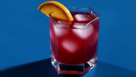red cocktail with orange slice and ice on blue background