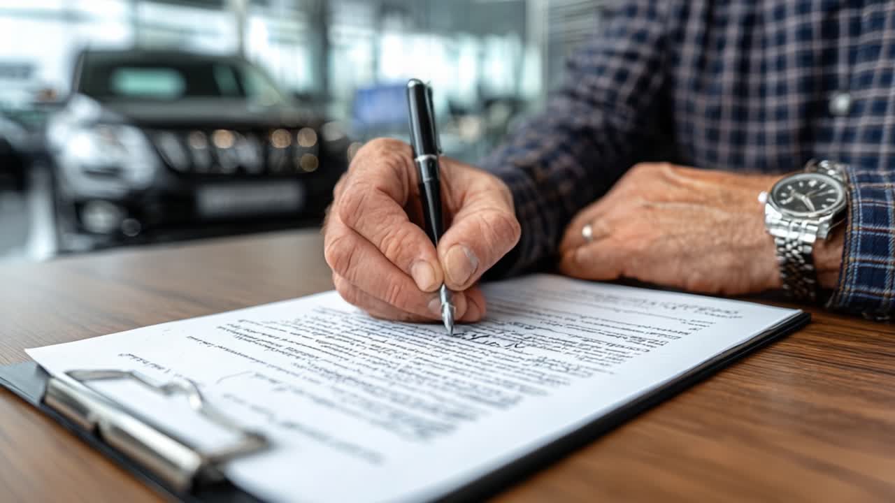Una prospettiva ravvicinata sulla firma di importanti documenti automobilistici con un focus sui dettagli e sulla precisione presso una moderna concessionaria di veicoli.