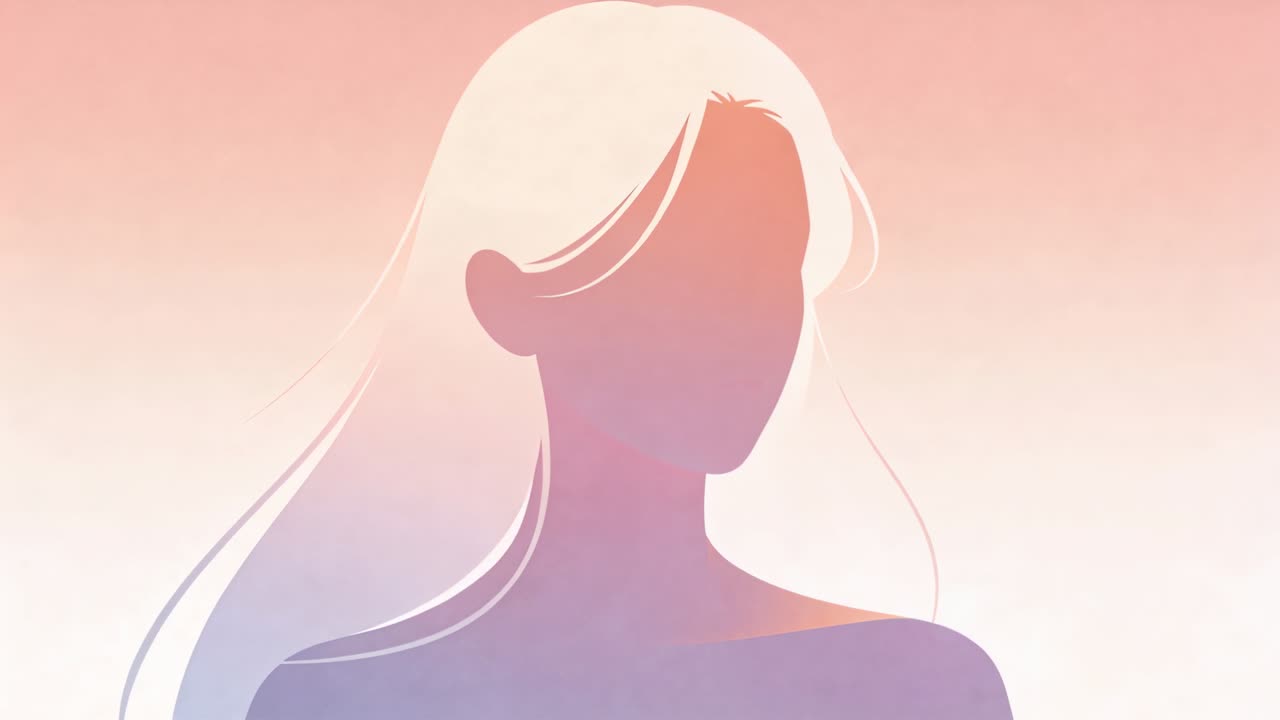 Riproduzione avviata, silhouette femminile che gira la testa in una sfumatura pastello, rivelando una vista quasi frontale.