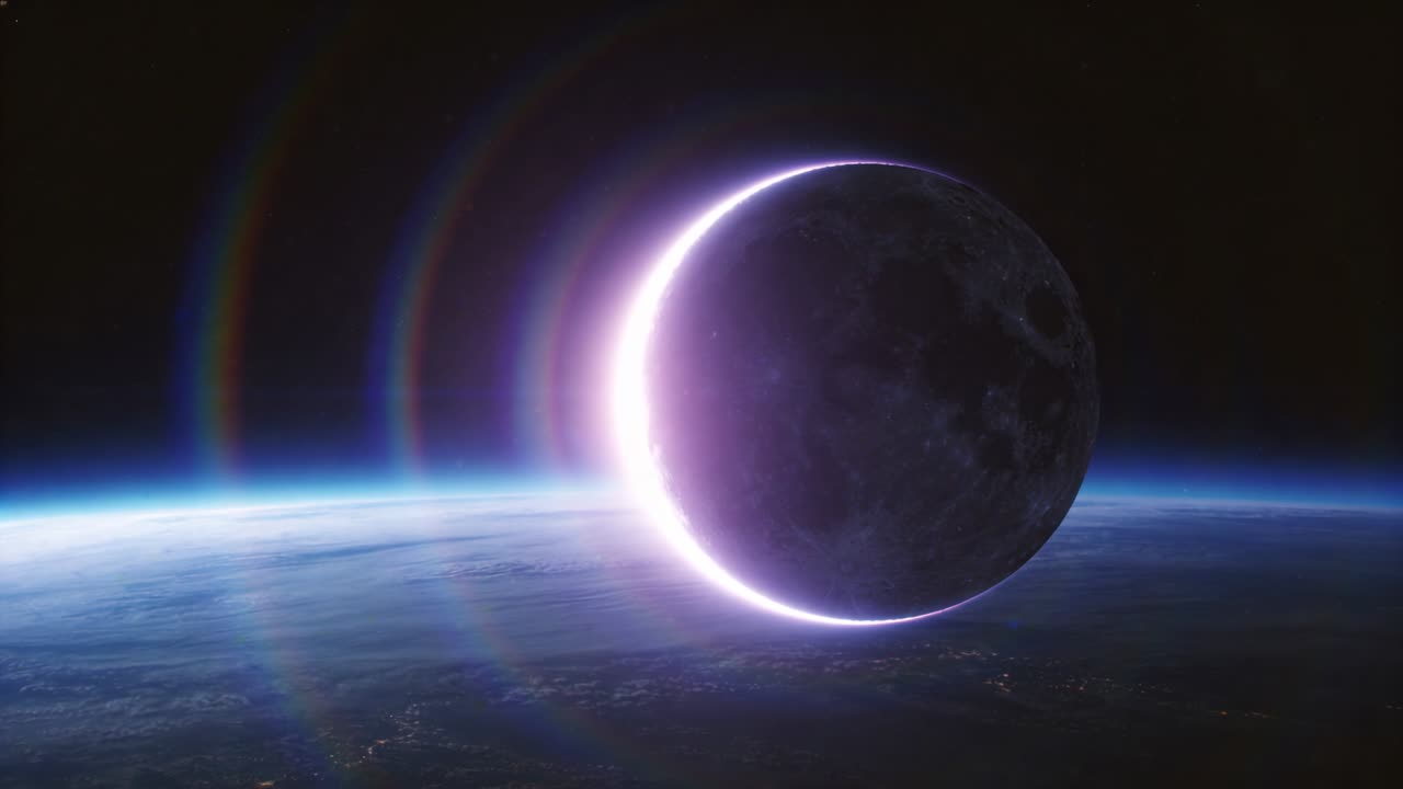 Moving lunar sphere orbiting sun and crossing planet limb with purple crescent, flares, city lights