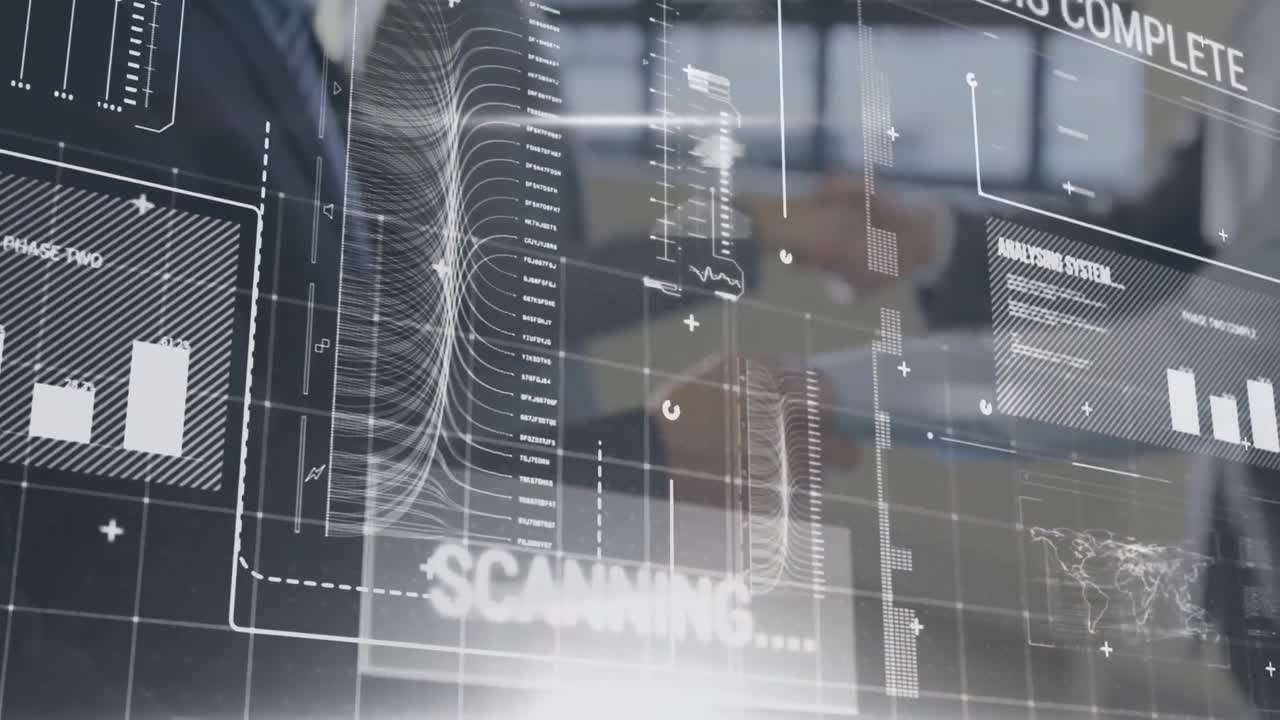 Digital interface with data processing against mid section of businesspeople shaking hands at office