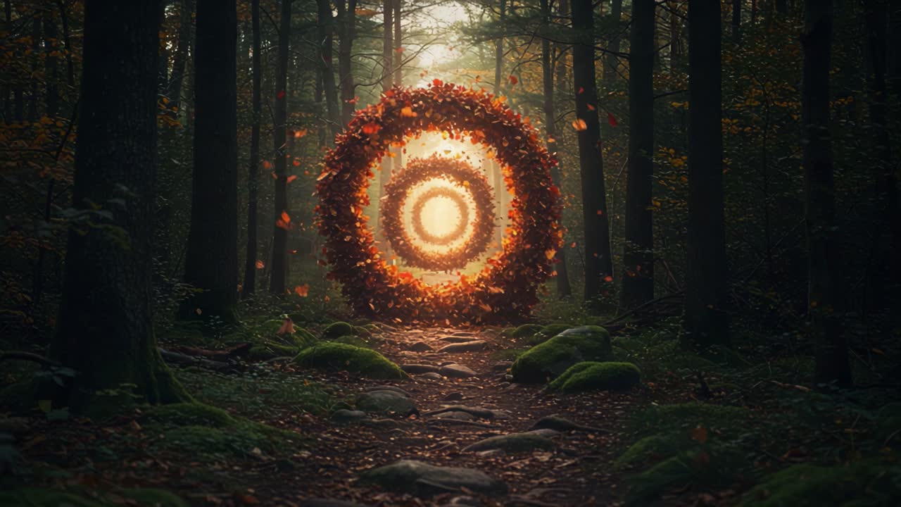 A Mystical Portal Surrounded by Autumn Leaves Illuminates the Forest Path, Inviting Adventurers into a World of Wonder and Enchantment, Where Nature Meets Magic