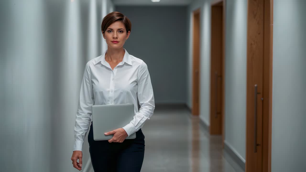 Donna che cammina con un laptop, indossa una camicia bianca e pantaloni scuri in un corridoio d'ufficio, diretta a una riunione